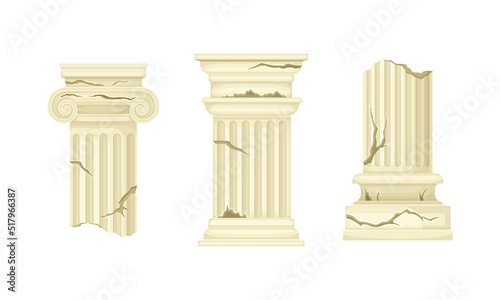Broken Marble Pillars and Stone Column Ruins as Ancient Building Architectural Element Vector Set