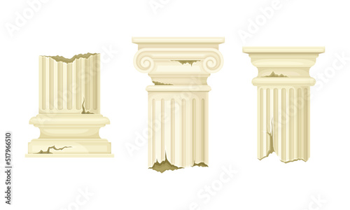 Broken Marble Pillars and Stone Column Ruins as Ancient Building Architectural Element Vector Set