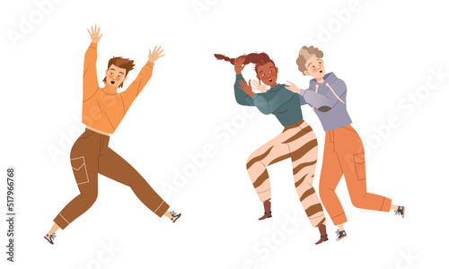 Man and Woman Character Afraid of Something Feeling Scared and Terrified Running Away Vector Set