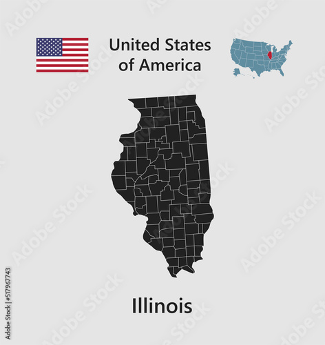 Vector map state Illinois, flag and map USA
