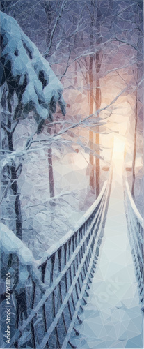 Schneebedeckte Seilbrücke im Winter Wald. Am Ende der Brücke ist ein warmes Licht. Die Brücke ist im Sauerland, Deutschland. Vektor in Low Poly Art. 