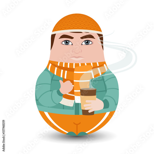 A man of European descent, dressed in warm clothes, holds a hot drink in his hand. Modern kawaii dolls for your business project. Flat vector illustration.