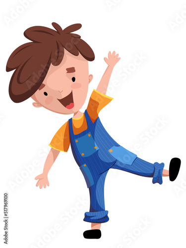 Vector cheerful boy in blue overalls and yellow t-shirt waving his hand greeting you