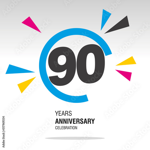 90 Years Anniversary, number in broken circle with colorful bang of confetti, logo, icon, white background