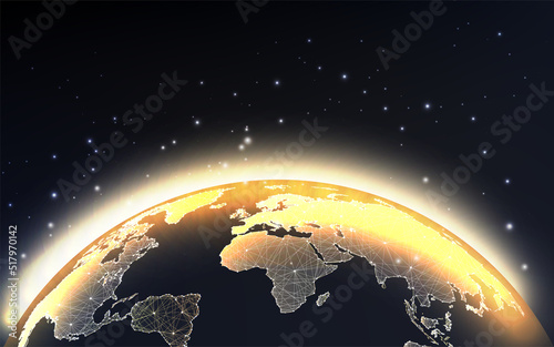 Fototapeta Naklejka Na Ścianę i Meble -  Gold Planet Earth globe map view from space concept banner in futuristic glowing style on black 