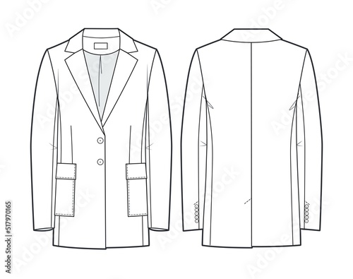 Classic Jacket technical fashion illustration, single breasted. Oversized Jacket fashion flat template, front, back view, white color. Women, men, unisex CAD mockup.