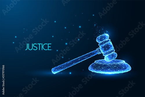 Justice, law, court concept with judge gavel in futuristic glowing low polygonal style on dark blue 