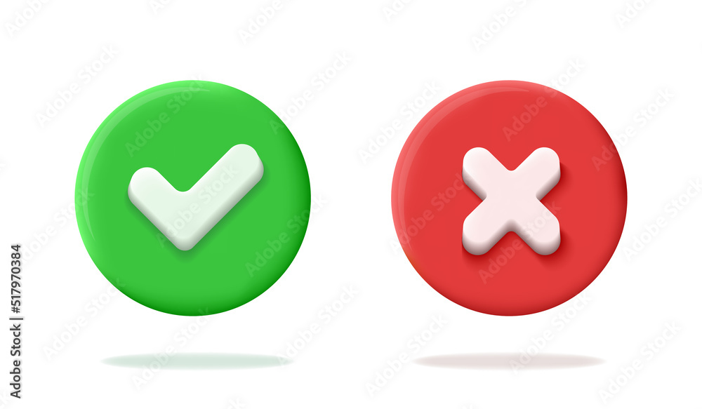 Realistic 3d Green And Red Circle Button With Check And Cross Marks 