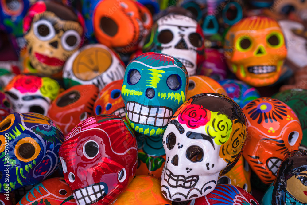 Decorated colorful skulls at market, day of dead, Mexico