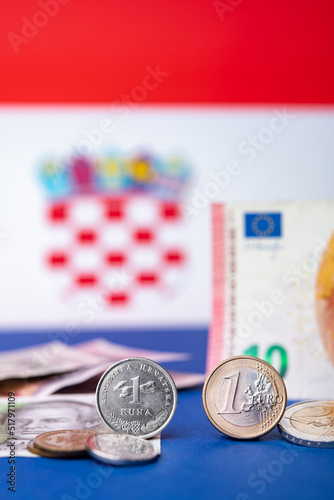 Croatian currency, kuna, together with Euro coins and 10 Euro banknote. Croatia adopted a European currency theme with the Croatian flag motif in the background.