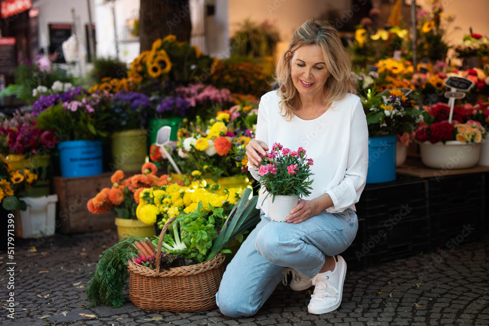 Frau kauft auf einem Markt ein, regional und nachhaltig 