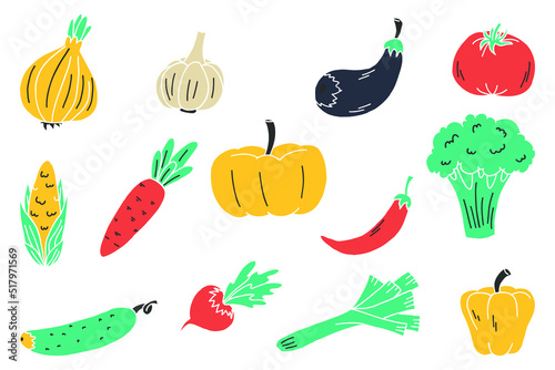 Hand drawn colored vegetables collection isolated elements vector design.