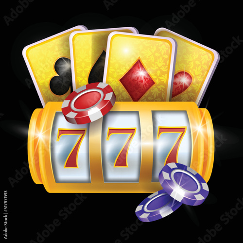 3D online casino gambling game illustration, vector golden reel slot, chips, blackjack cards sign. Big jackpot background, 777 success play, poker Vegas winner banner. Online casino free spin clipart