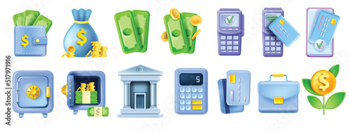 3D money bank icon set, locked safe, terminal, credit card, building, vector finance business kit. Bank icon collection, briefcase, calculator. Online payment cashback wallet economy illustration