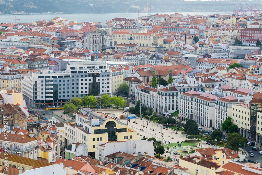 Lisboa, Portugal. April 9, 2022: Martim Moniz square panoramic view.