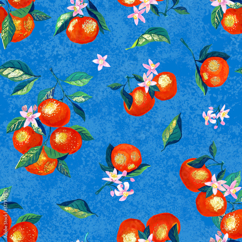 Seamless pattern. Painting with paint. Hand-drawn tangerines: branches, fruits, flowers and leaves on a blue background. Stylized gouache drawing with gilding. Golden Tangerine photo