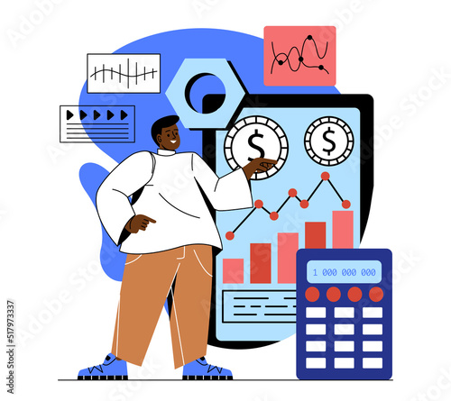 Character manage finances. Male entrepreneur or accountant counts money on calculator or analyzes corporate budget. Financial advice or investment. Cartoon flat vector illustration in doodle style