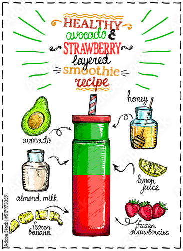 Healthy avocado strawberry layered smoothie recipe with ingredients, fruits and berries cocktail sketch