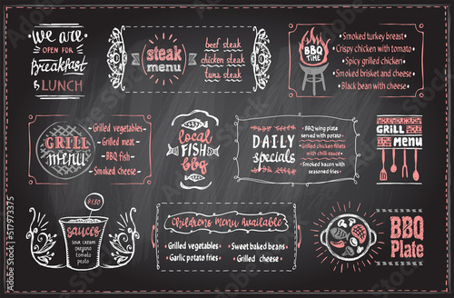 Barbecue menu chalkboard template, menu board with BBQ symbols