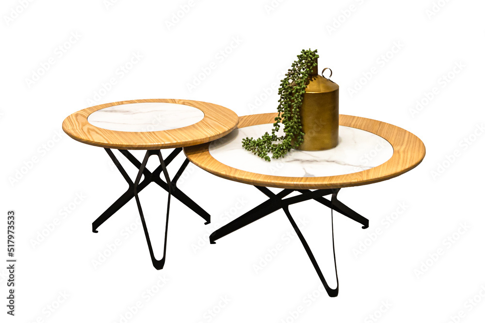 Round coffee table with iron legs on white background. Isolated Stock