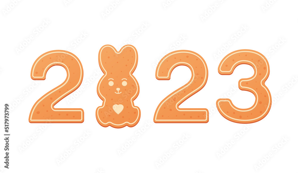 Gingerbread cookie numerals with phrase 2023 top view in cartoon style. Sweet biscuit in new year message isolated on white background. Vector illustration Gingerbread cookie numerals with phrase 2023 top view in cartoon style. Sweet biscuit in new year message isolated on white background. Vector illustration