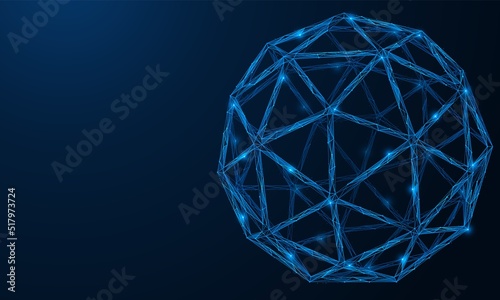 Polyhedral geometric figure. A low-poly construction of interconnected lines and dots. Blue background.