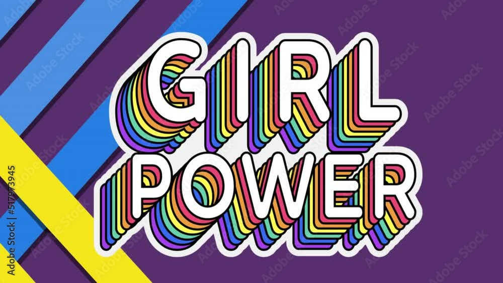 Digital animation of rainbow girl power text over blue and yellow stripes on purple background Digital animation of rainbow girl power text over blue and yellow stripes on purple background