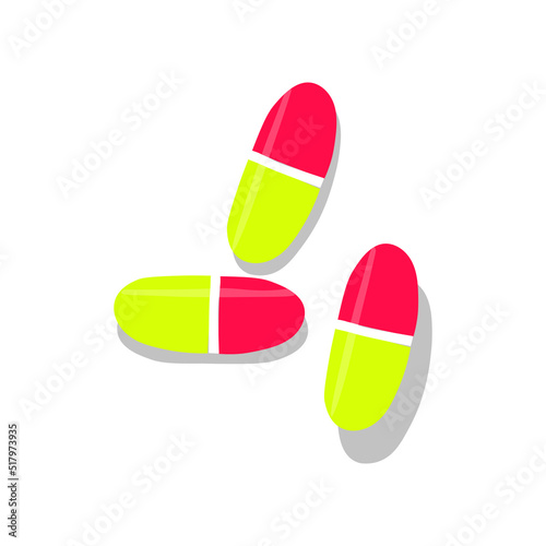 Drugs and medicines on whute background, medicine, tablets in red and yellow. Vector illustration.