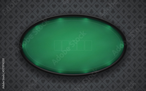 Poker table with realistic black leather border on a dark background. Oval table with illuminated border. Surface made of green textured cloth. Eps10 vector