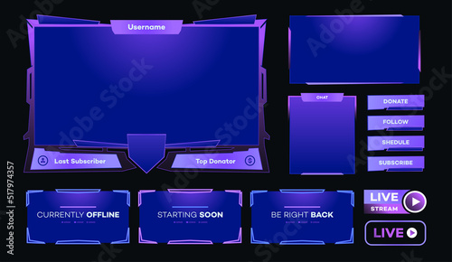 Streaming screen panel overlay design template purple blue neon theme. Live video, online stream futuristic technology style. Abstract digital user interface. Live streaming button. Vector 10 eps