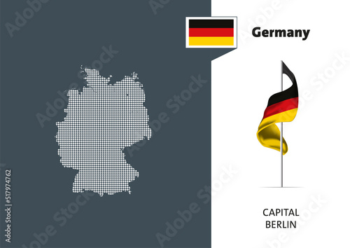 Flag of Germany on white background. Dotted map of Germany with Capital name - Berlin.