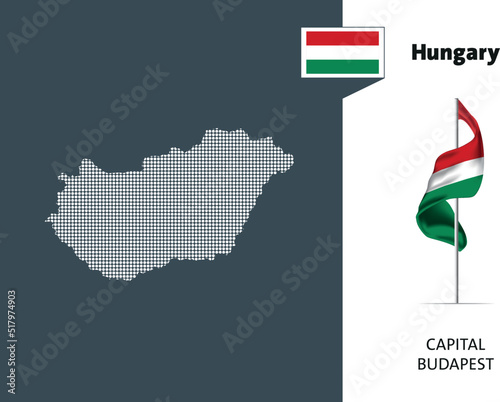 Flag of Hungary on white background. Dotted map of Hungary with Capital name - Budapest.