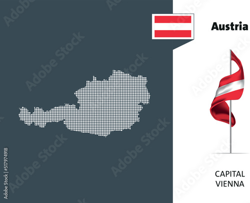 Flag of Austria on white background. Dotted map of Austria with Capital name - Vienna.