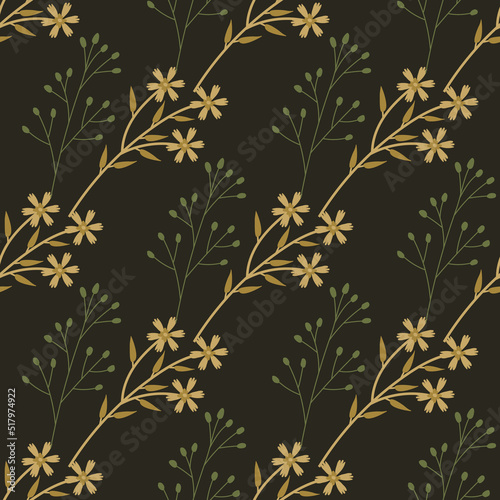 Seamless pattern with dried field flowers on a dark background. Vector Illustration.