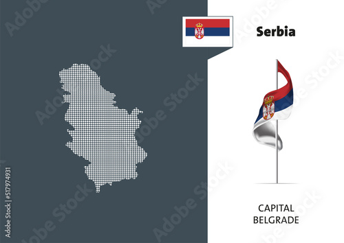 Flag of Serbia on white background. Dotted map of Serbia with Capital name - Belgrade.