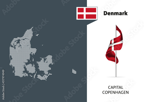 Flag of Denmark on white background. Dotted map of Denmark with Capital name -  Copenhagen.