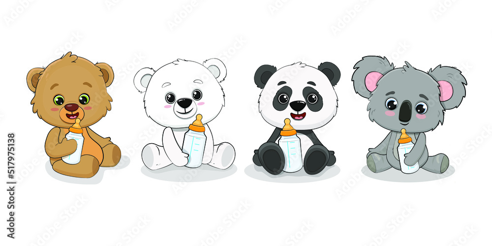 Teddy bear, baby panda, koala cub and polar bear with milk bottle. Set of cartoon baby animals. Vector illustration Teddy bear, baby panda, koala cub and polar bear with milk bottle. Set of cartoon baby animals. Vector illustration