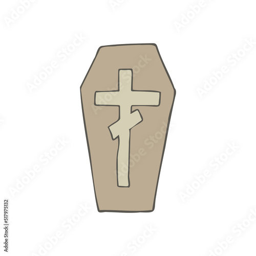 Halloween 2022 - October 31. A traditional holiday, the eve of All Saints Day, All Hallows Eve. Trick or treat. Vector illustration in hand-drawn doodle style. A coffin with a cross.