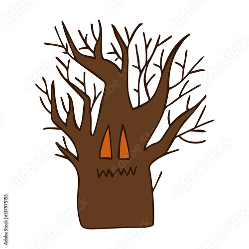 Halloween 2022 - October 31. A traditional holiday, the eve of All Saints Day, All Hallows Eve. Trick or treat. Vector illustration in hand-drawn doodle style. A scary creepy tree.
