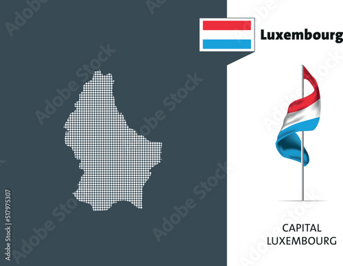Flag of Luxembourg on white background. Dotted map of Luxembourg with Capital name - Luxembourg City.
