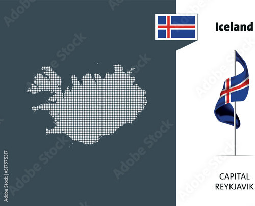 Flag of Iceland on white background. Dotted map of Iceland with Capital name - Reykjavik.