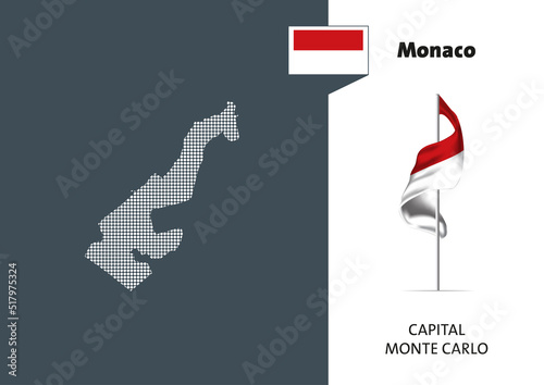 Flag of Monaco on white background. Dotted map of Monaco with Capital name - Monaco.