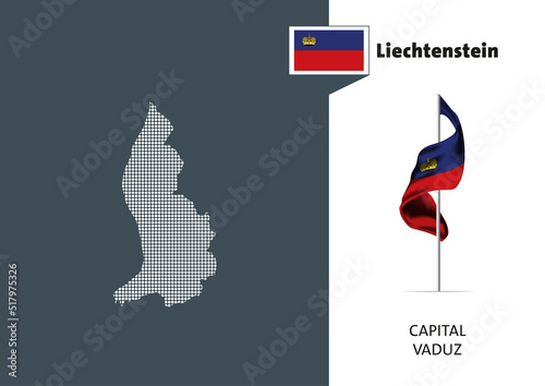 Flag of Liechtenstein on white background. Dotted map of Liechtenstein with Capital name - Vaduz.