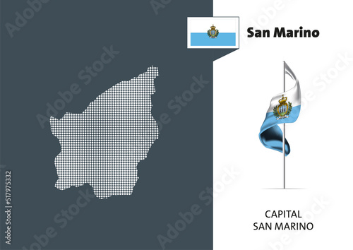 Flag of San Marino on white background. Dotted map of San Marino with Capital name - San Marino.