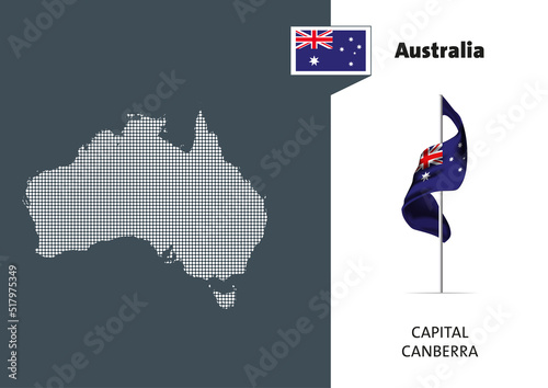 Flag of Australia on white background. Dotted map of Australia with Capital name - Canberra.