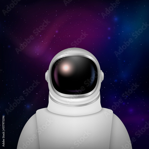 Vector 3d Realistic Spaceman, Astronaut. Spacesuit, Astronaut Helmet on Space Background. Cosmonaut Suit with Transparent Glass Visor for Space Exploration. White Suit for Spaceman, Protection