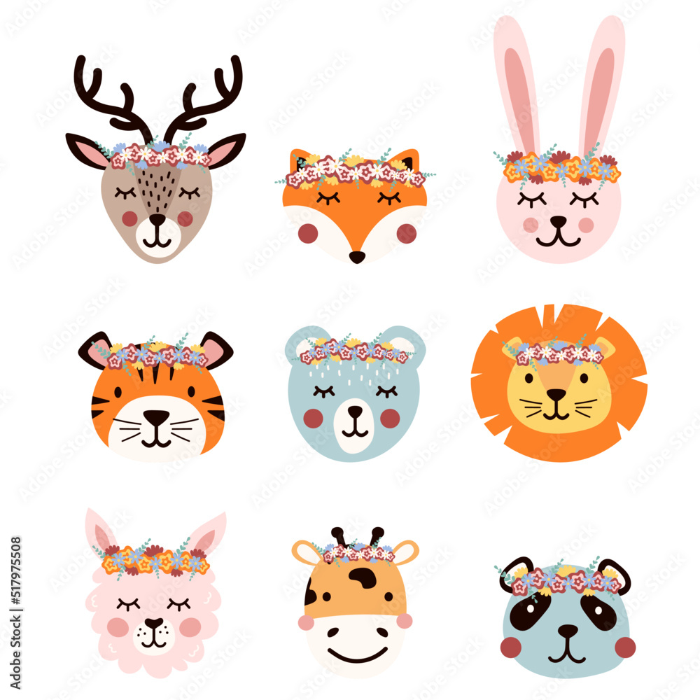 Fototapeta premium Set of cute animals in floral wreaths. Animal heads with flowers. A beautiful print for children's t-shirts.