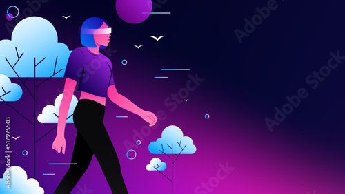 Woman Taking a Walk in Metaverse Reality. Isometric Graphic Illustration. Vector illustration