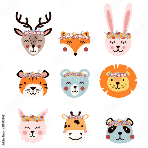 Set of cute animals in floral wreaths. Animal heads with flowers. A beautiful print for children's t-shirts.