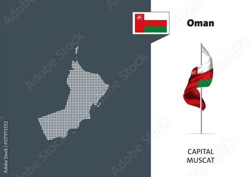 Flag of  Oman on white background. Dotted map of Oman with Capital name - Muscat.